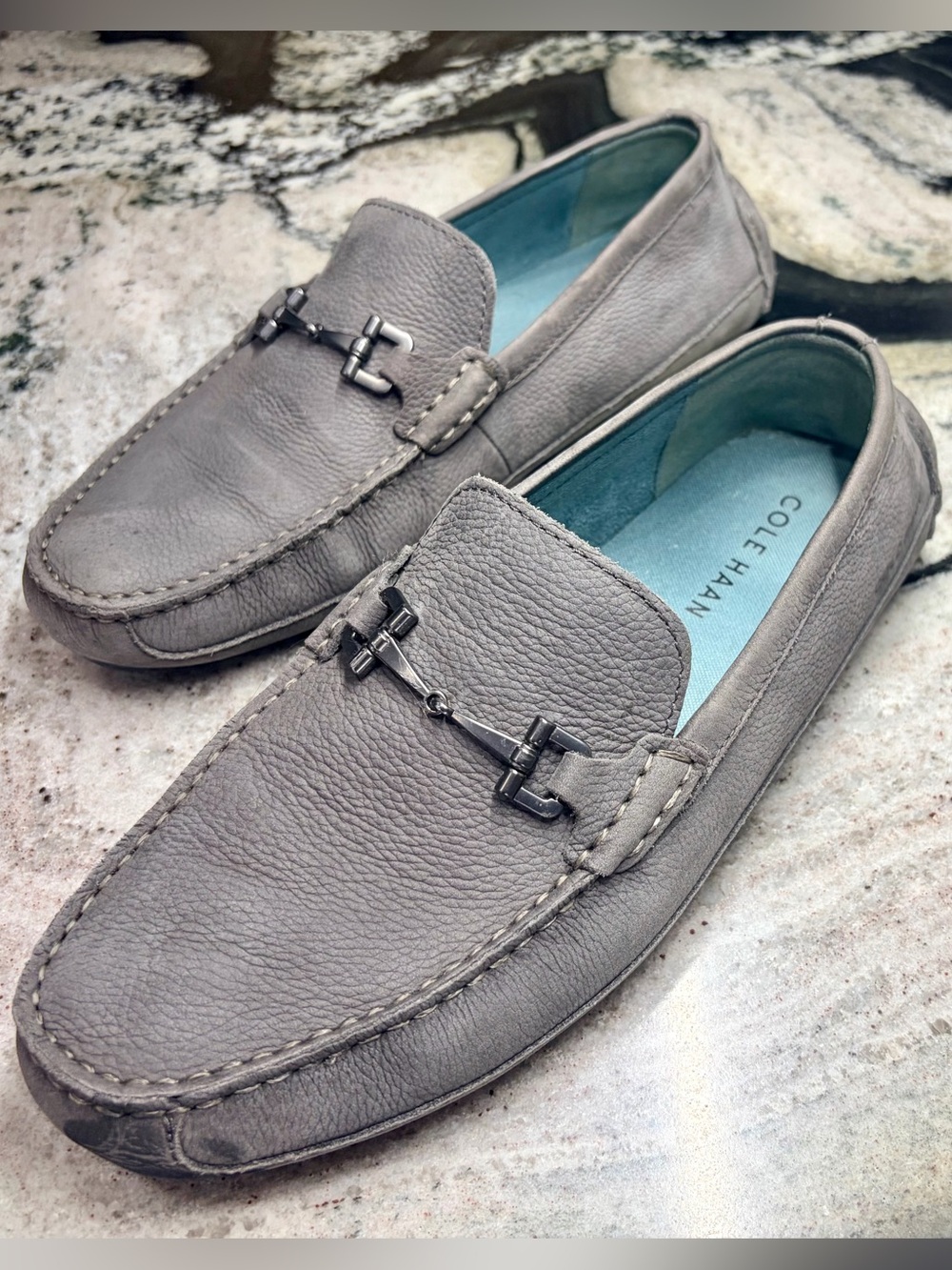 Cole Haan Men’s Driver Loafers 9.5M Gray Pebbled Leather Bit Moccasins